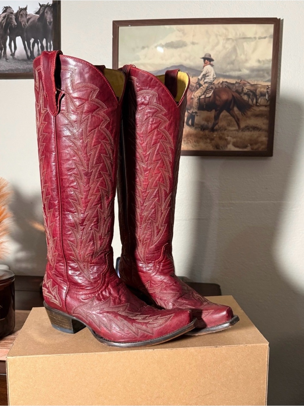 Women's Red Leather Tall Cowboy Boots